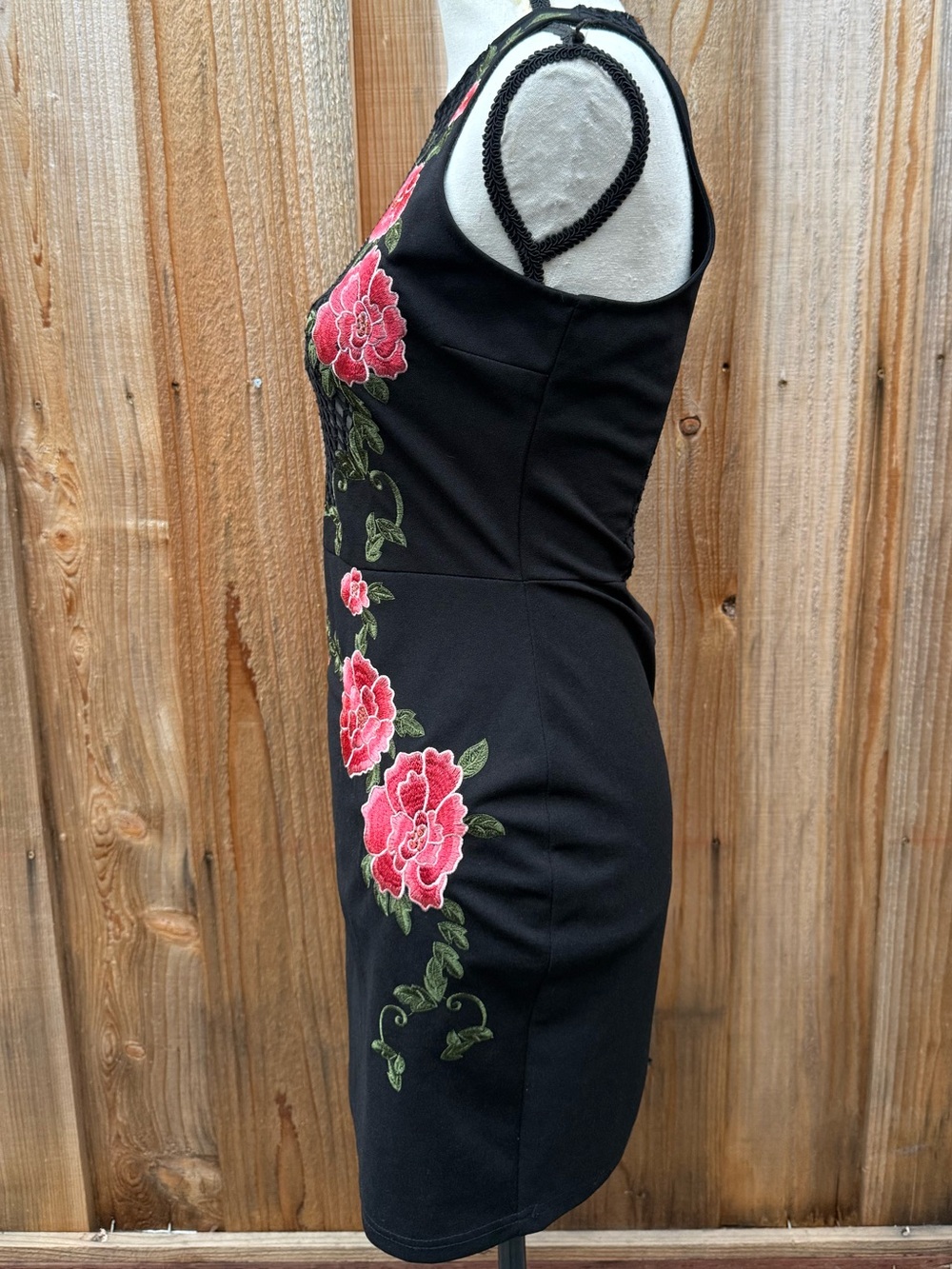 Charlotte Russe Black Mesh-Panel Mini Dress with Pink Floral Embroidery - Picture 3 of 5